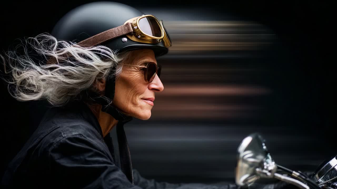 An inspiring portrait of a mature woman enjoying the thrill of riding a motorcycle, showcasing her confidence, freedom, and passion as she embraces the open road with style and grace