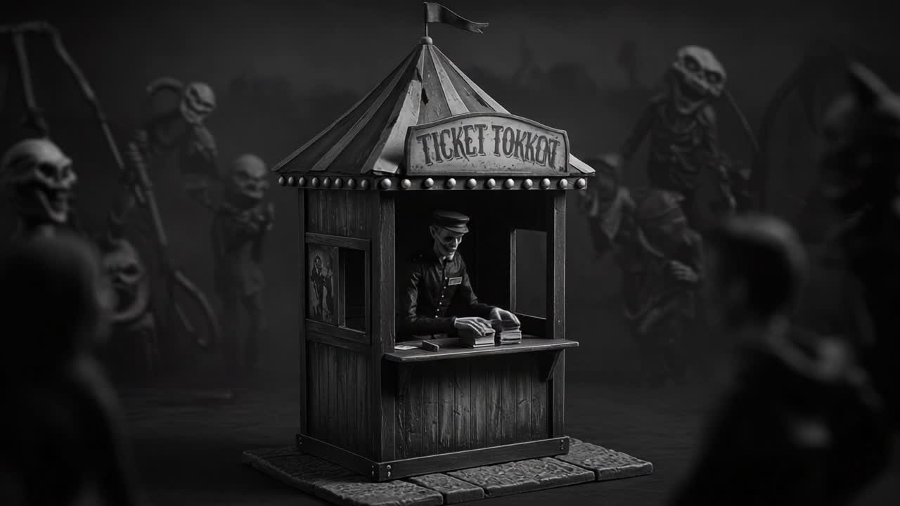 A Mysterious Ticket Booth Amidst Eerie Shadows: A Haunting Scene Captured in the Depths of an Unsettling Atmosphere with Sinister Figures Approaching