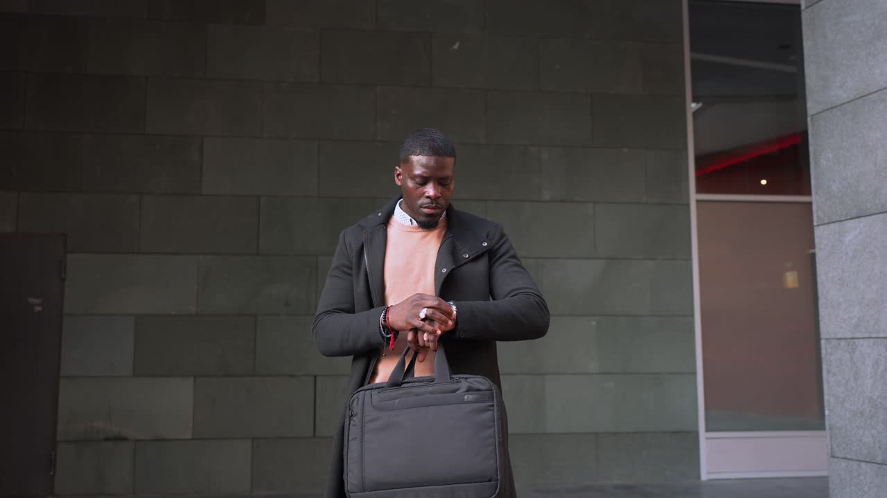 Man in coat with briefcase in urban setting