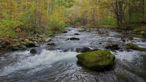 Stunning-low-drone-footage-of-stunning,-mossy-autumnal-woodland-stream-deep-in-the-mountains