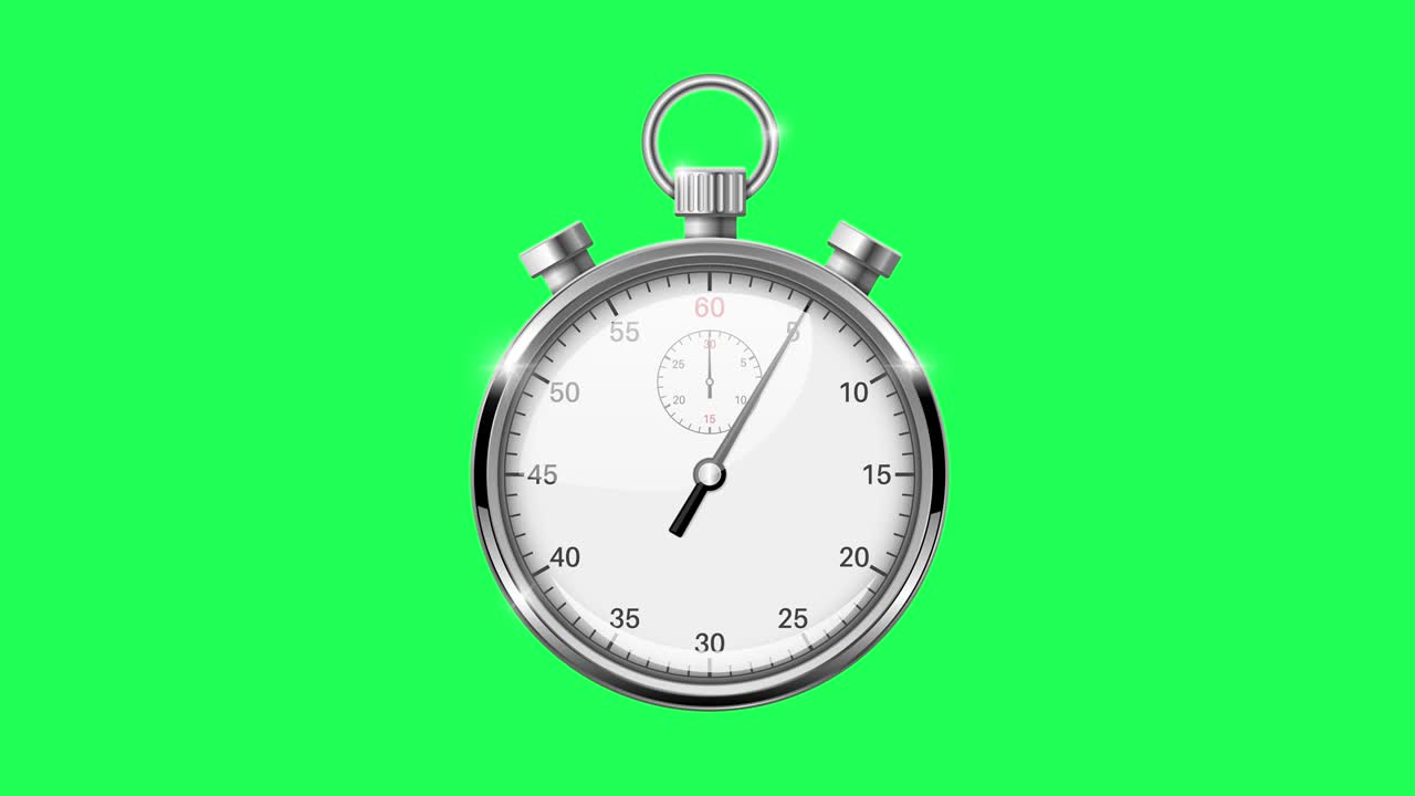 Stop watch. One minute running in real time. Round metal gauge on green chroma key background. Animated 4k loop