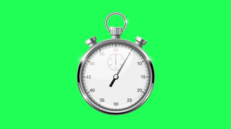 Stop watch. One minute running in real time. Round metal gauge on green chroma key background. Animated 4k loop