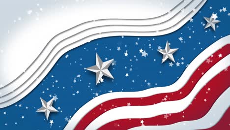 animation of flag of america and stars on blue background