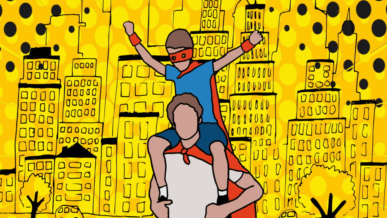 animación de una familia feliz abrazándose sobre un fondo amarillo