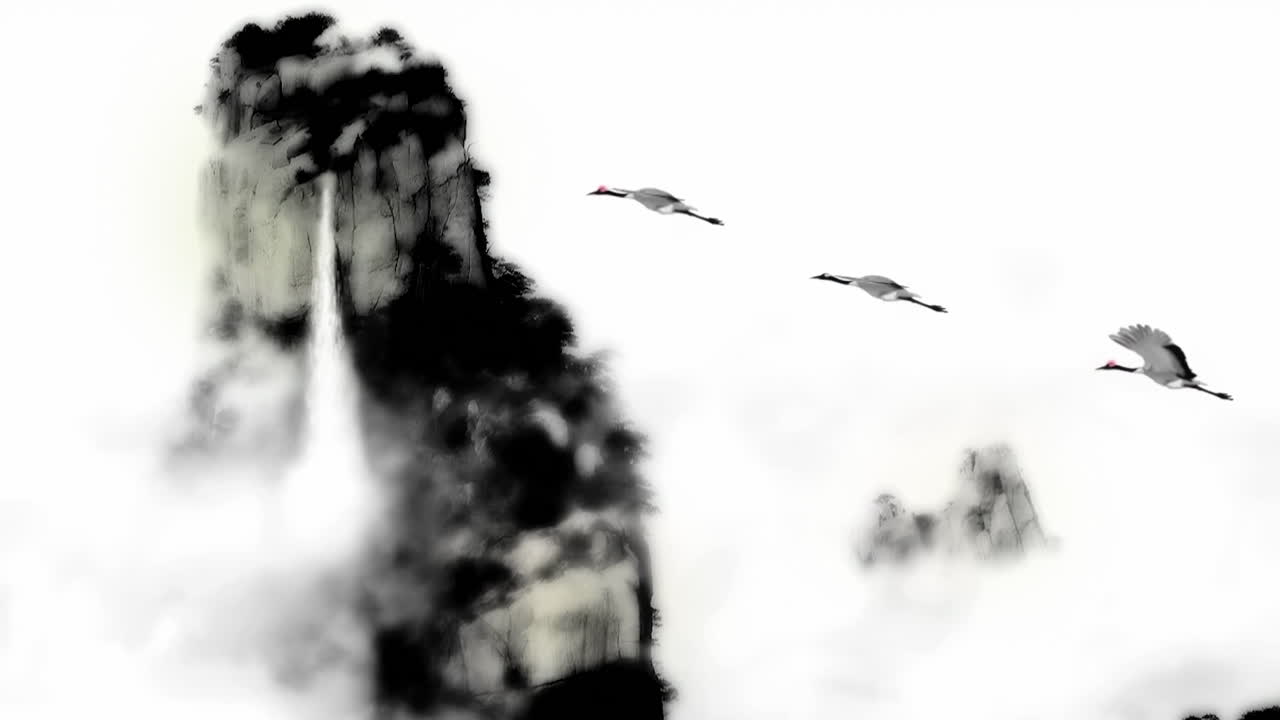 Mysterious landscape China's traditional Oriental Digital Art animation, Chinese retro painting ink misty mountain with flowers, tree, birds, river in fog background. China Japan scenery artwork