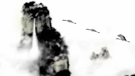 mysterious landscape china's traditional oriental digital art animation, chinese retro painting ink misty mountain with flowers, tree, birds, river in fog background. china japan scenery artwork