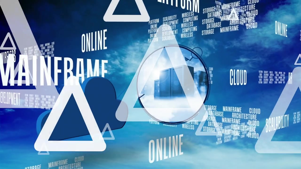Animation of triangles and texts over sky with clouds