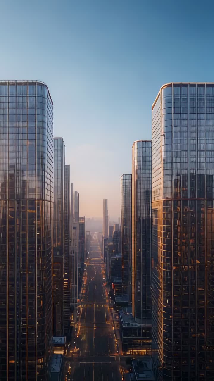 Vídeo vertical: drone com dolly zoom revelando uma avenida central iluminada ao entardecer, mostrando arranha-céus de vidro