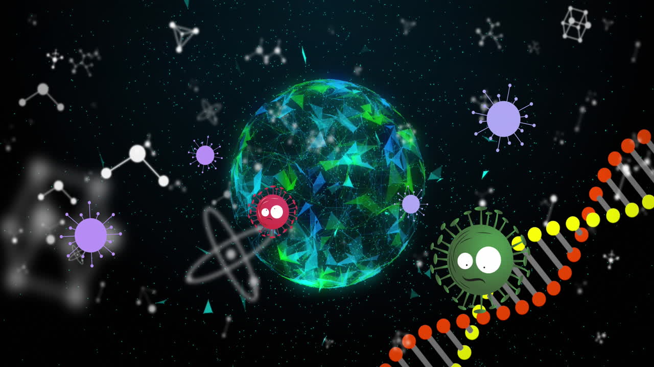 Animation of covid 19 cells moving, globe and dna strand spinning