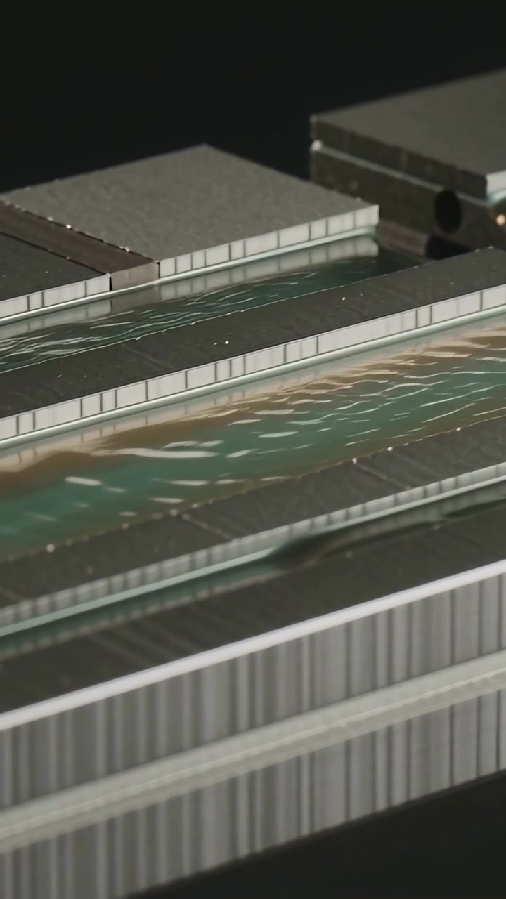 Vertical video: Showing stacked trays with channels rippling on bench, nozzle entering