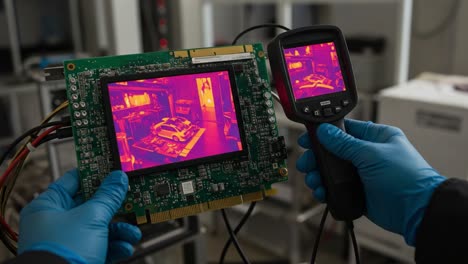 exploring advanced thermal imaging technology: a professional demonstrates a handheld thermal camera displaying electronics components on a pcb in a laboratory setting