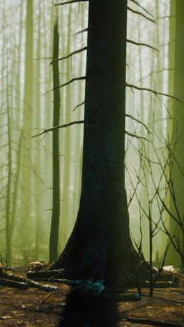 bosque quemado en la niebla