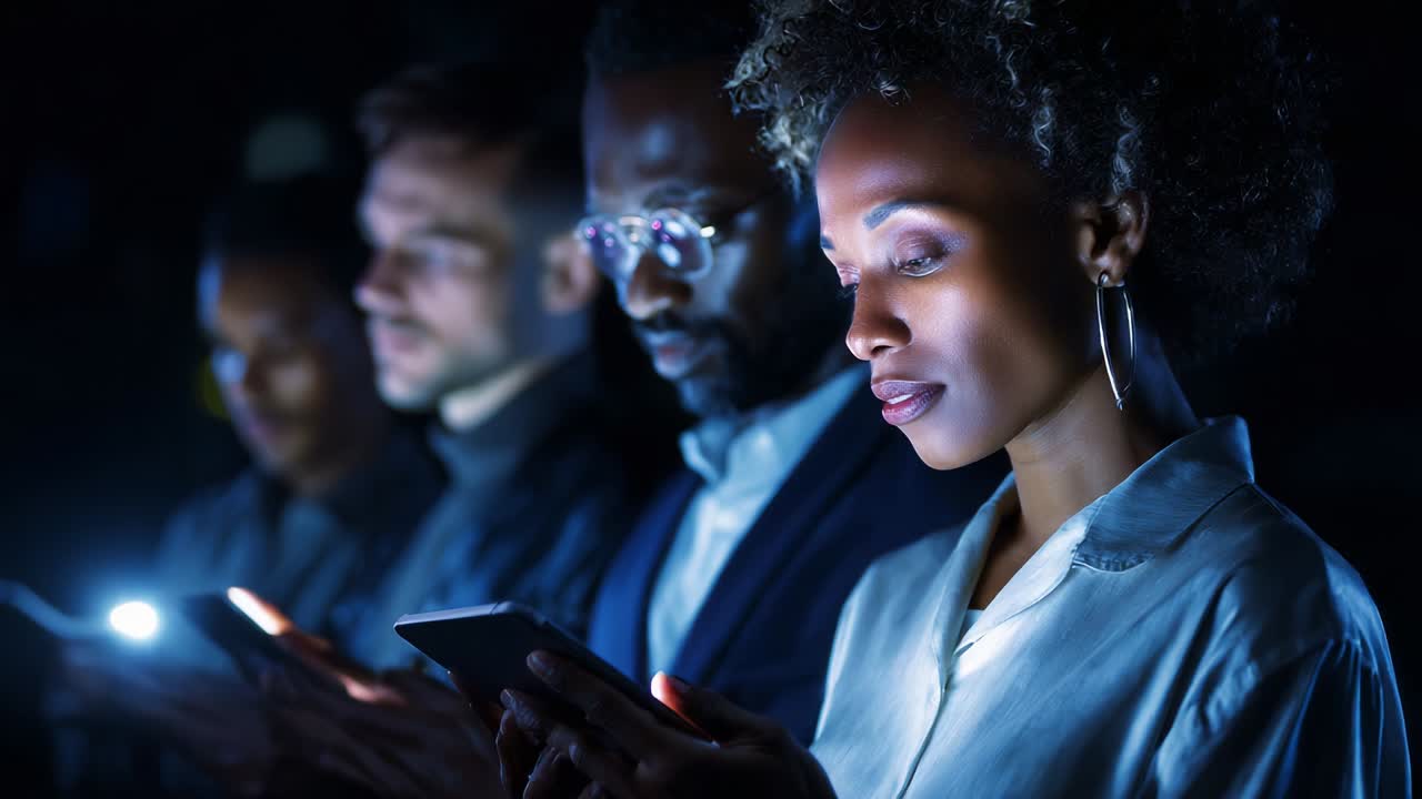 Engaged Individuals Using Smartphones in a Dimly Lit Setting, Showcasing Modern Connectivity and Digital Interaction Among Friends and Family, Highlighting Technology's Role in Daily Social Life and Communication