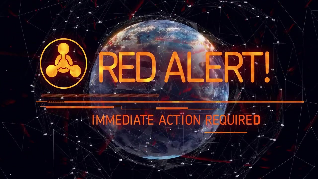 Digital globe featuring red alert text and hazard icon connecting network lines with numeric points