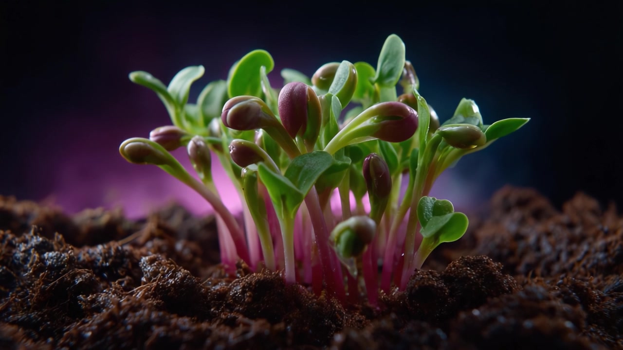 Vivaci Piantine Verdi che Emergono da un Ricco Terreno Marrone in un Primo Piano Accattivante, su uno Sfondo Viola Tenue, Catturando la Bellezza della Nuova Crescita.
