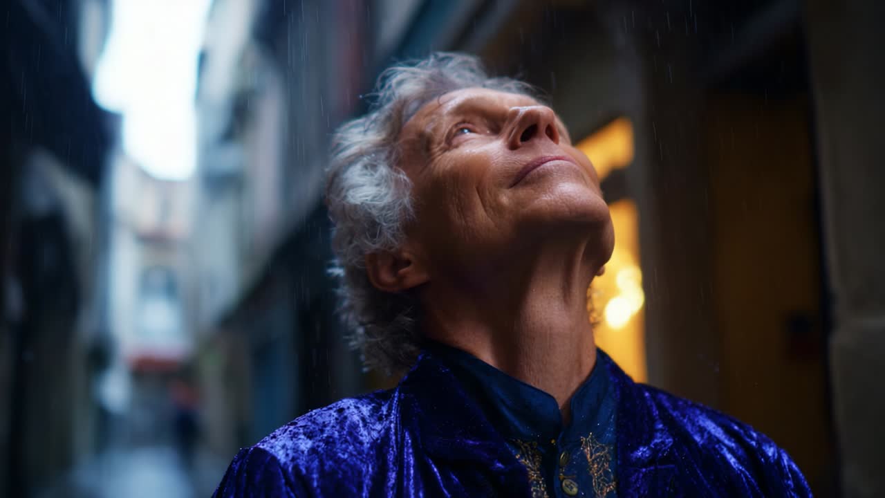 Un momento di riflessione immortalato in uno stretto vicolo, dove una persona anziana guarda verso l'alto con un'espressione serena, evocando sentimenti di contemplazione e meraviglia sullo sfondo di un'atmosfera suggestiva e malinconica.