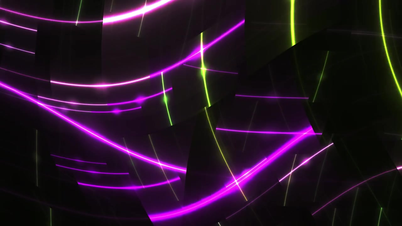 Animazione dinamica di scie luminose al neon viola e verdi