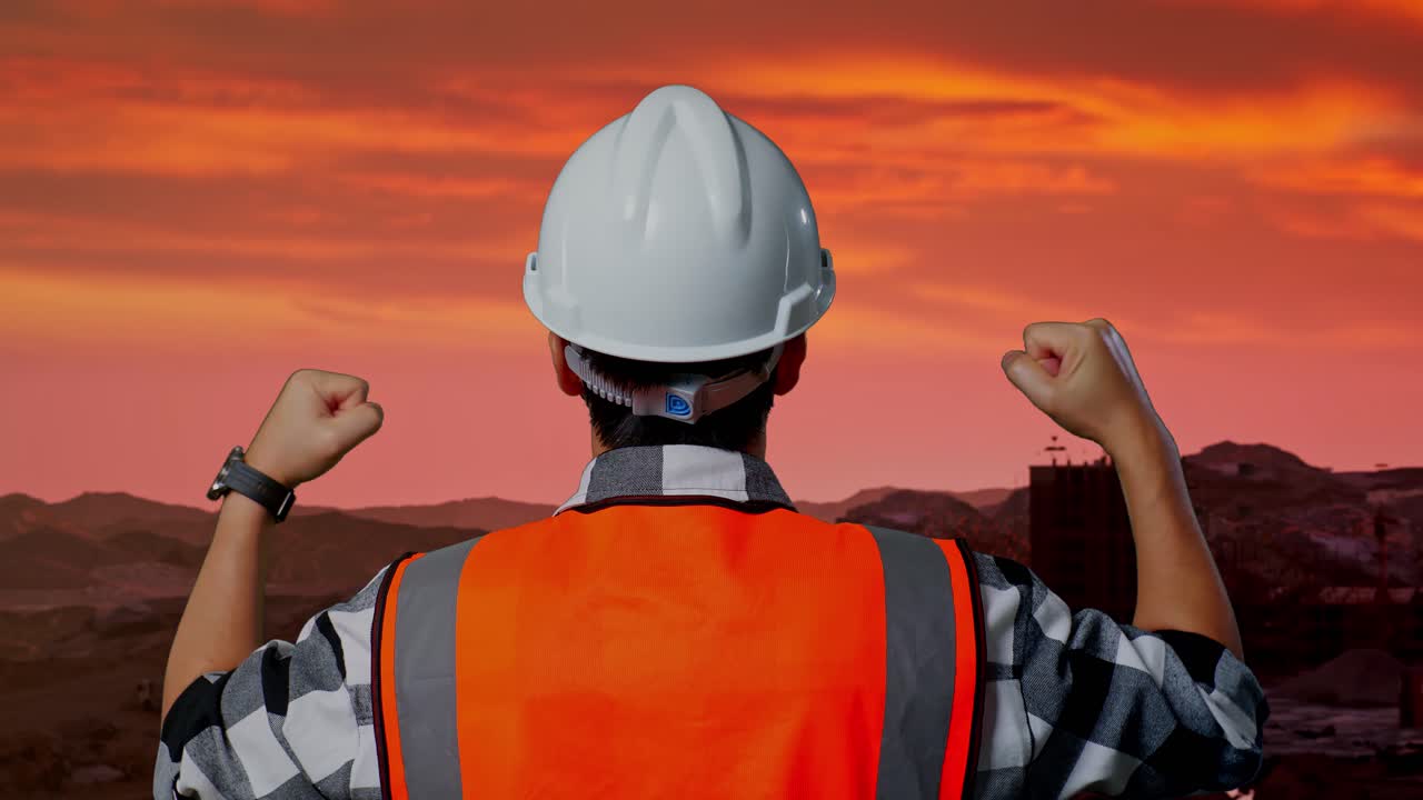 Construction worker celebrating a job well done at sunset