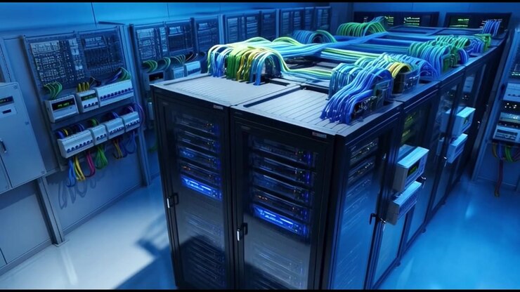 Modern Server Room with Rows of Network Racks and Cables