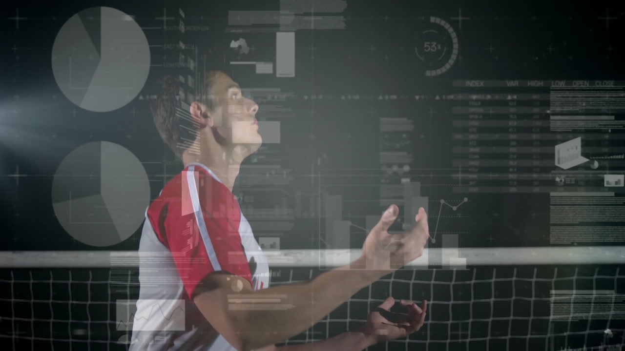 pateando una pelota de fútbol, atleta con animación de procesamiento de datos sobre fondo oscuro