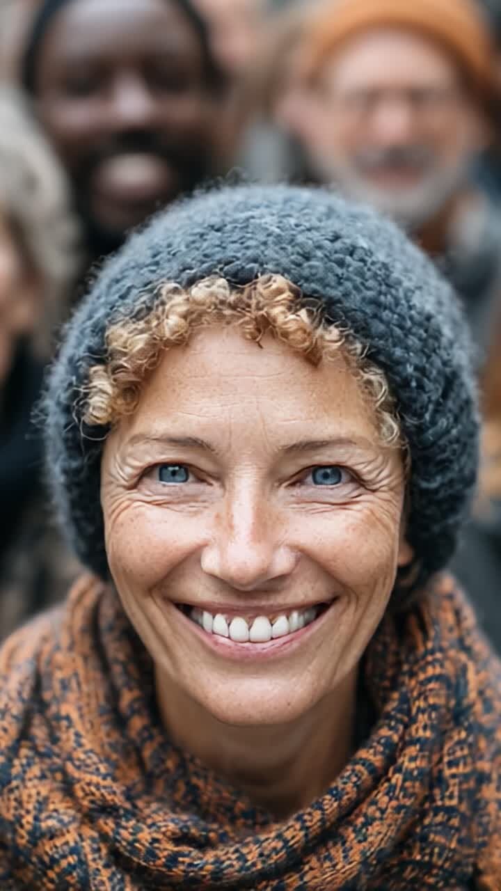 Una donna solare con capelli ricci e un sorriso caloroso, ritratta in due scatti, che irradia positività e connessione in un contesto di gruppo
