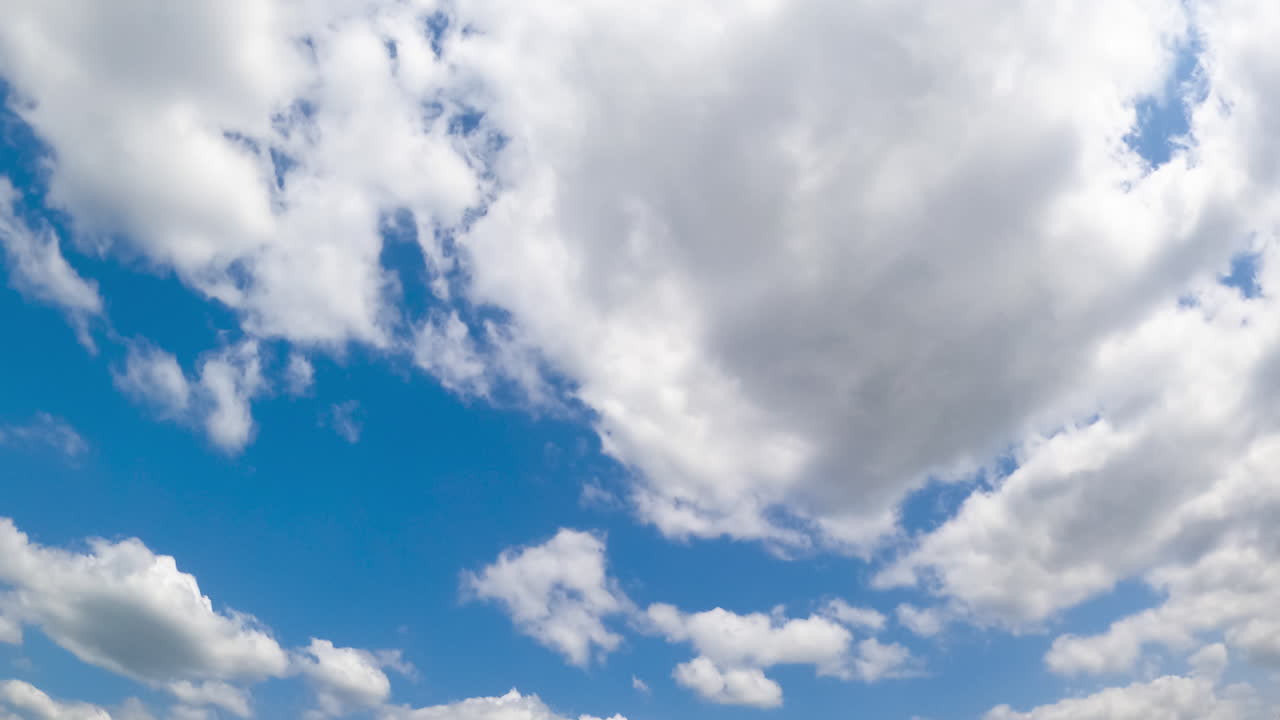 Changing shape cloudscape in the blue sky. Fluffy clouds float quickly by the horizon. Low angle view.