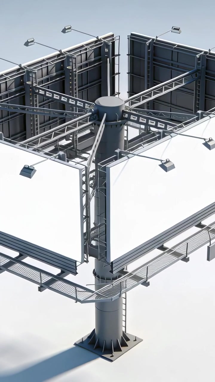 Vertical video: Motor engaging 4-sided billboard rotating for demo revealing panels hub mast ladder