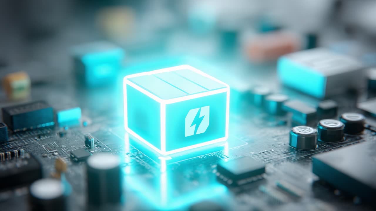 A Close-Up View of a High-Tech Circuit Board Featuring a Glowing Processor Block, Highlighting Advanced Electrical Connections and Modern Technology