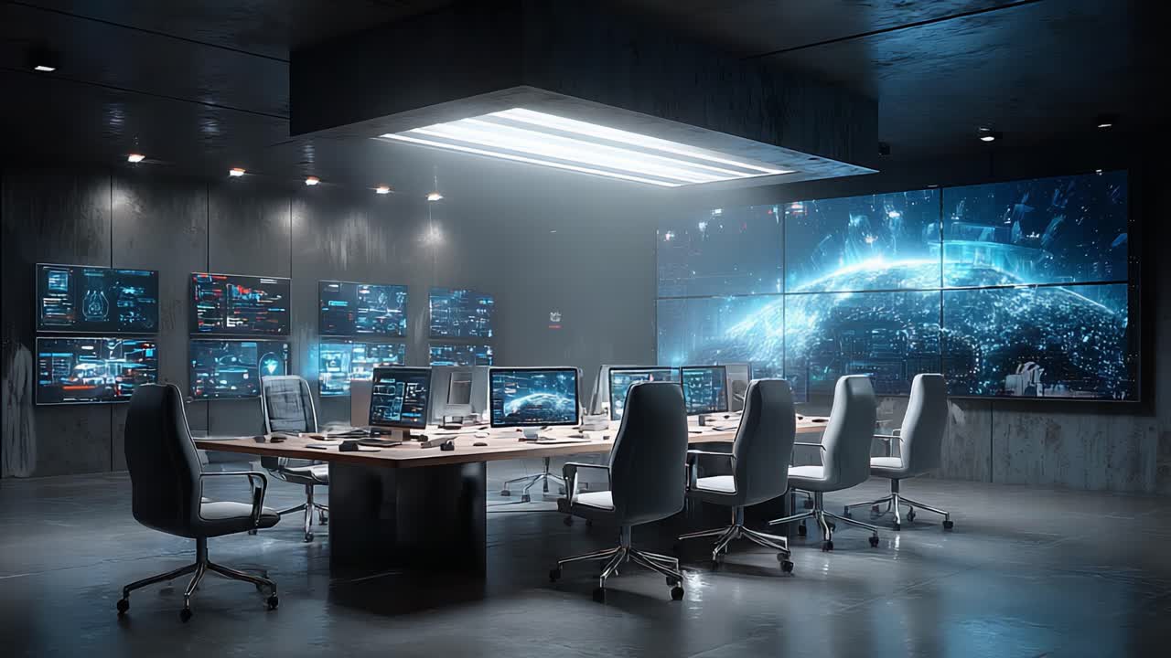 High-Tech Command Center Featuring Multiple Display Screens and Modern Furniture, Ideal for Strategic Operations and Advanced Data Analysis in a Futuristic Environment