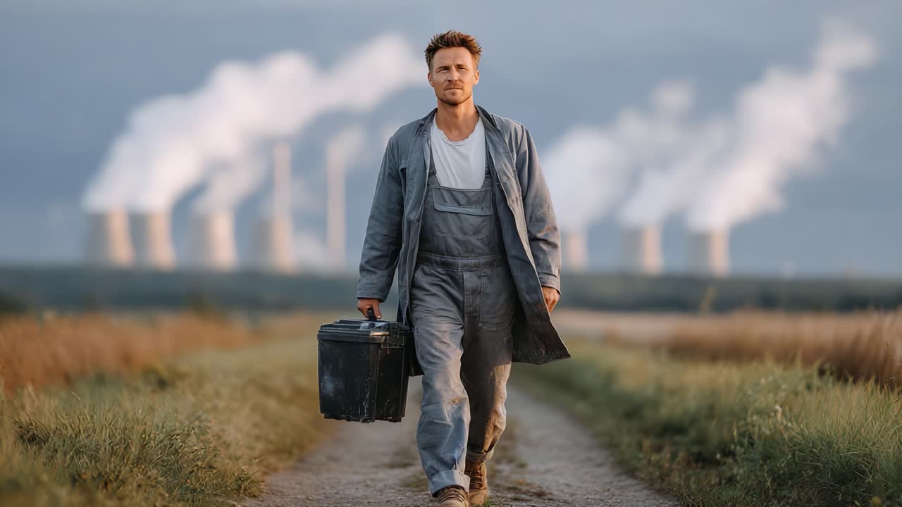 A determined worker strides forward carrying his toolbox amidst a backdrop of smokestacks releasing steam, representing resilience in the face of industrialization challenges