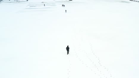 an aerial drone shot orbiting a person walking in the middle of a frozen lake in the winter