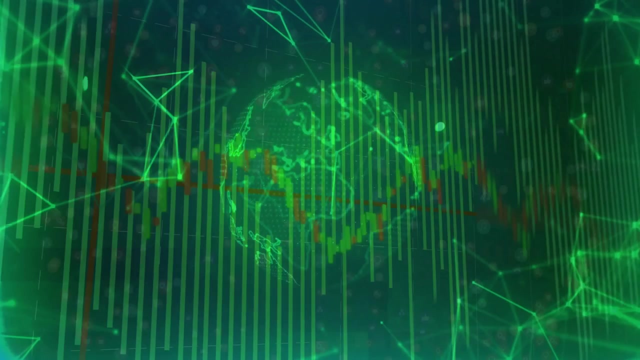Wireframe globe materializing, candlestick charts scrolling, mesh converging showing market trends