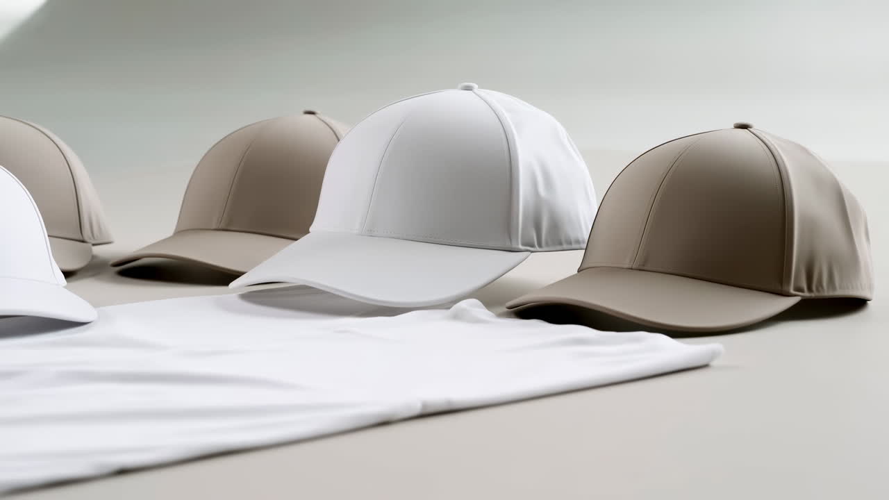White and Beige Baseball Caps with Blank T-Shirt Mockup