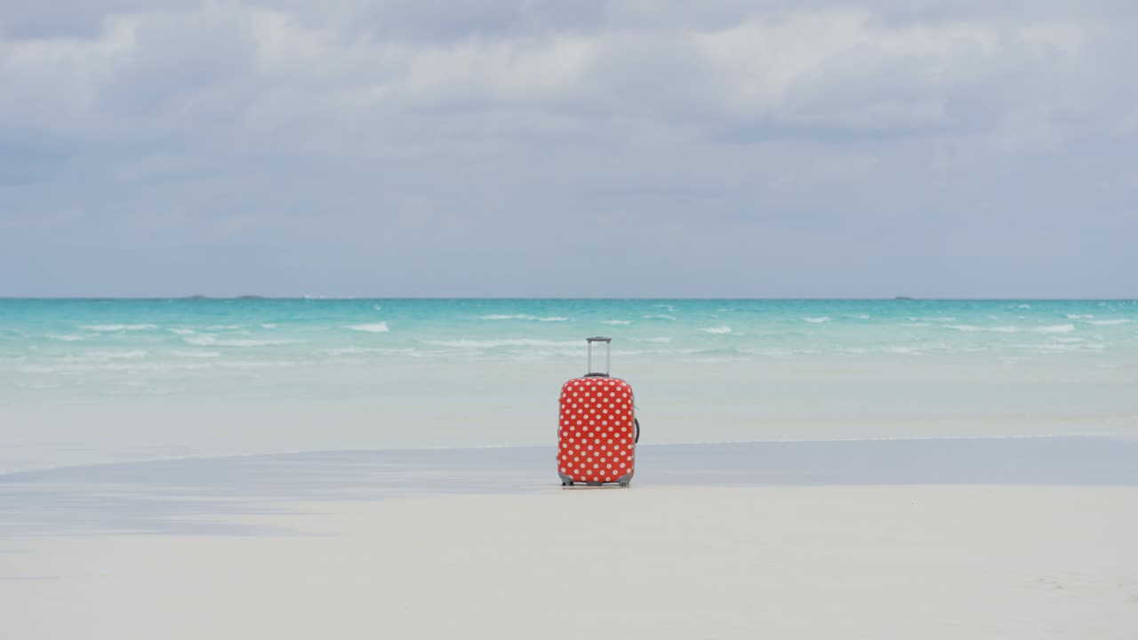 다채로운 가방과 함께 하 열대 럭셔리 해변