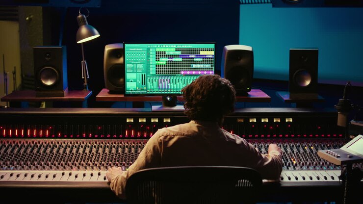 Sound designer mixing and mastering tracks on audio console in control room