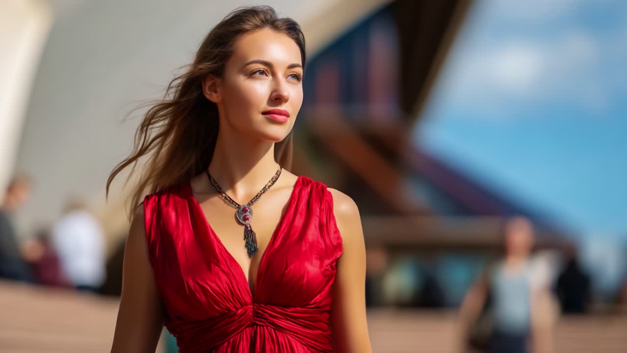 Uma jovem radiante vestindo um vestido vermelho com um colar, em uma pose confiante em frente a um cenário pitoresco de arquitetura moderna e figuras em segundo plano borradas