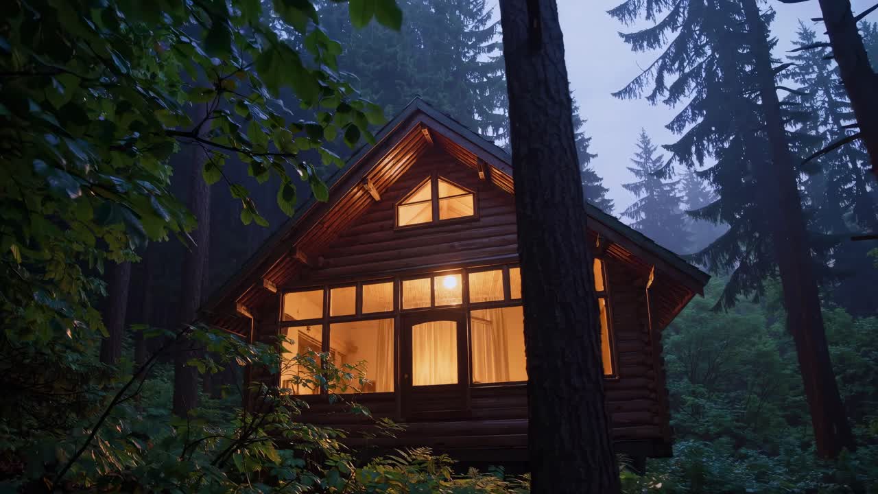 A cozy cabin nestled in a misty forest, captured from a low angle. The warm glow from the windows