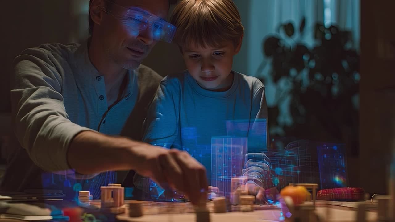 Engaging father and son in creative playtime with holographic toys