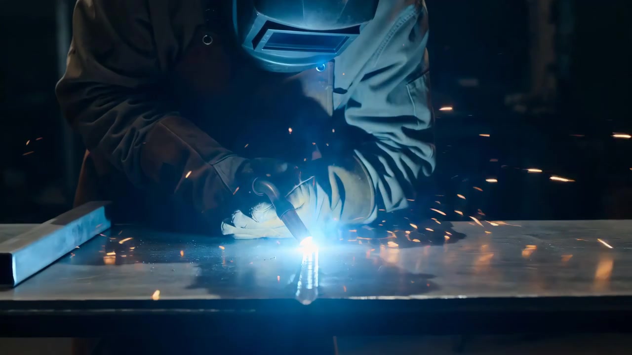 Helmeted welder bends over metal workbench, actively torch welding rod and sheet as bright blue-white arc flares at contact point, sending sparks, smoke, heat glow, and deep workshop shadows
