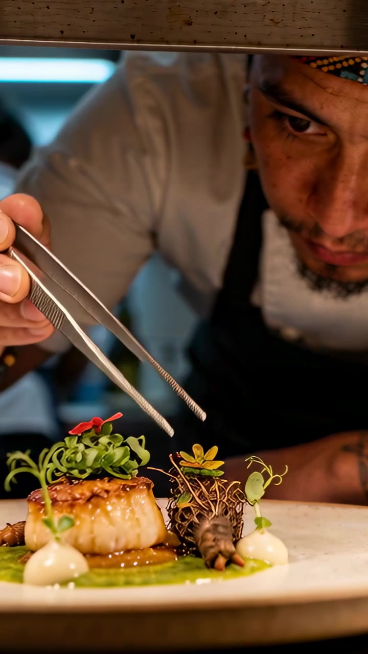 Vertical video: Plating chef bandana placing microgreen on scallop under lamp to send with tweezers