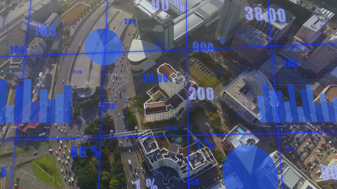 도시 풍경 위의 데이터 처리 애니메이션