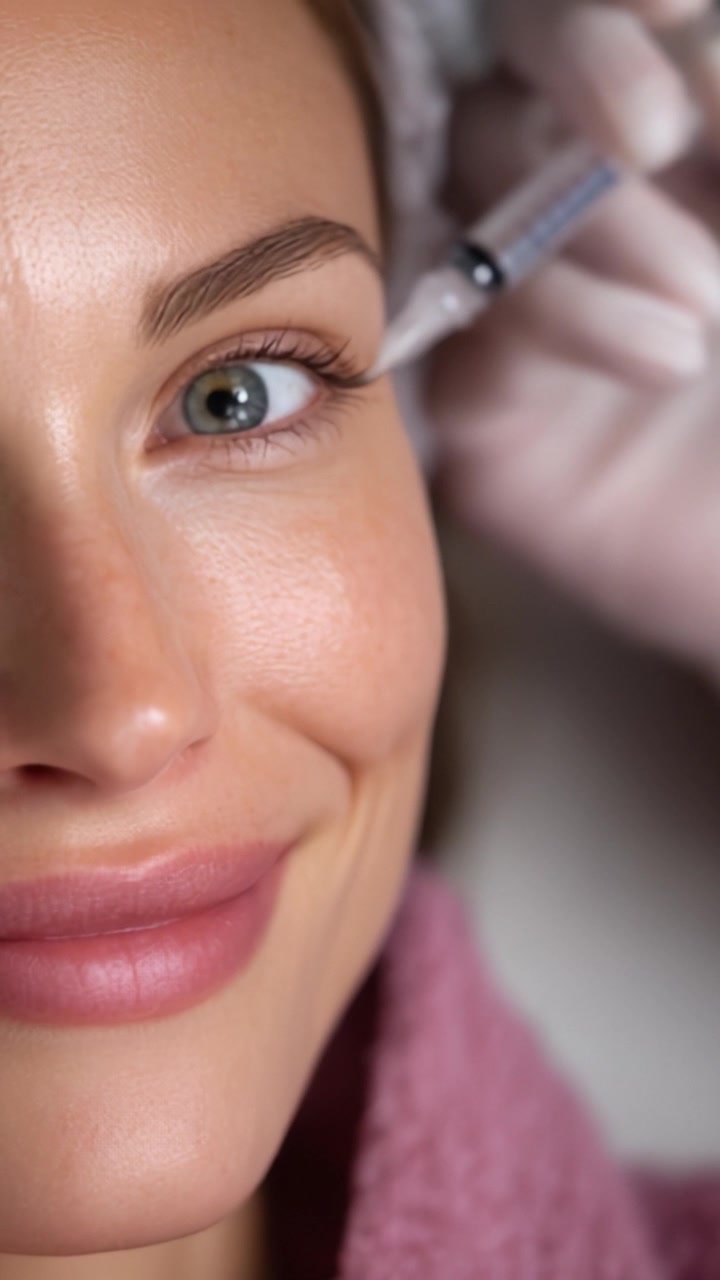 Primo piano del viso di una donna durante un trattamento skincare, che evidenzia l'applicazione di una procedura estetica per una maggiore bellezza e fiducia.