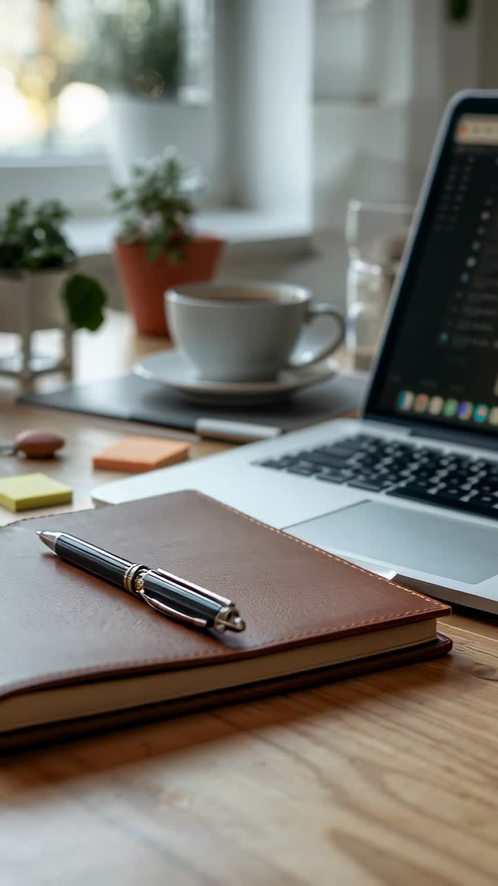 Vertical video: Camera pulling back showing leather notebook with pen on home desk, laptop, coffee