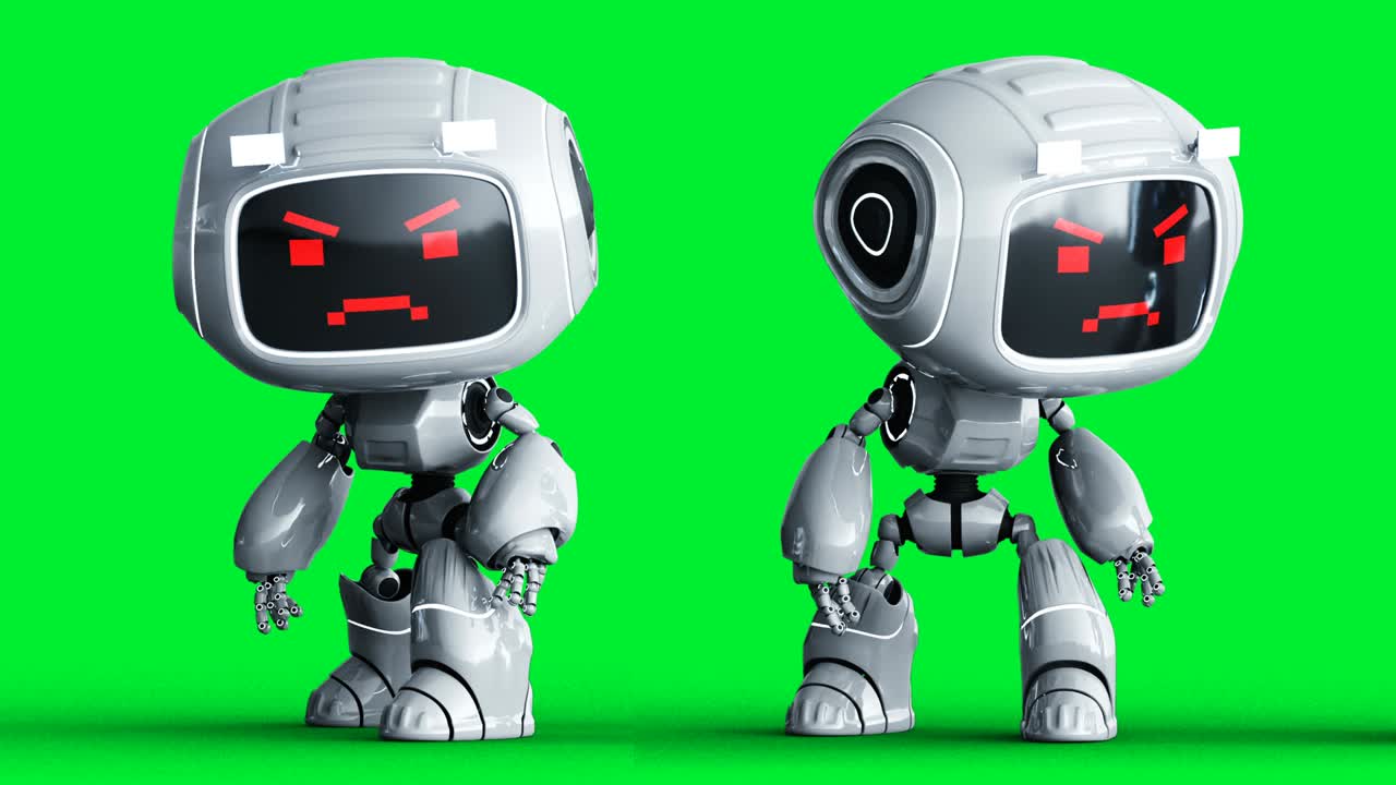 animación de robot de juguete blanco enojado. desenfocamiento de movimiento físico. animación realista de pantalla verde 4k. pantalla verde