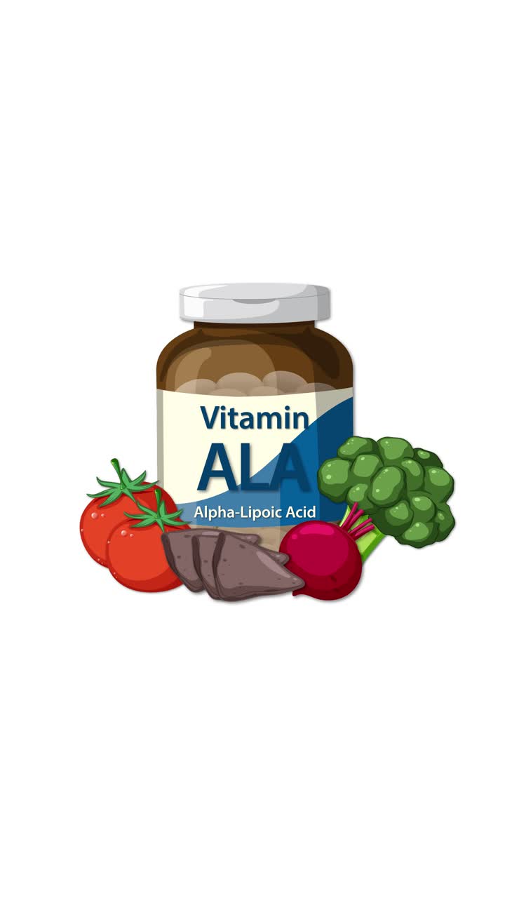 Un flacone di Vitamina ALA compare mentre le verdure si animano, creando una composizione colorata e salutare su sfondo bianco.