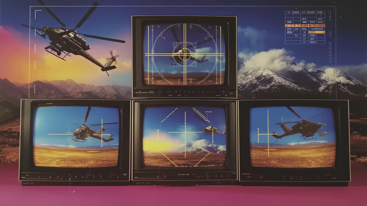 Footage of attack helicopter tracked on stacked video monitors with crosshair HUD and radar interface, set against mountain landscape at sunset, defense concept