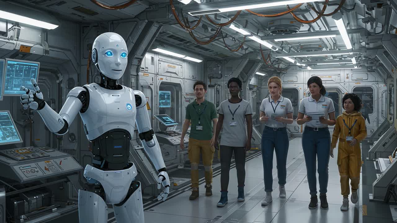 Exploring the Future of Robotics: A humanoid robot engages with a diverse group of scientists in a futuristic laboratory setting, highlighting advanced technology and teamwork