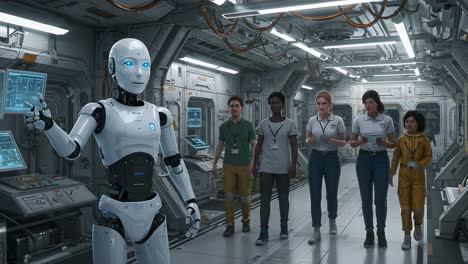 exploring the future of robotics: a humanoid robot engages with a diverse group of scientists in a futuristic laboratory setting, highlighting advanced technology and teamwork