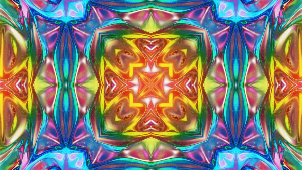 patrón ondulado líquido como el caleidoscopio con olas o mandala, gradiente multicolor. 3d elegante abstracto en bucle bg, estructura simétrica ondulada de líquido brillante. animación fluida colorida de moda 4k.