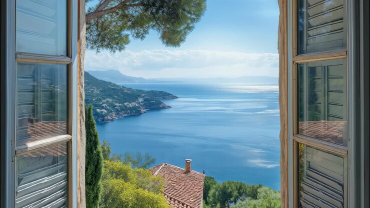 Open window framing a breathtaking view of the tranquil blue sea, a picturesque coastline dotted with houses, and lush green trees, creating a serene and inviting scene